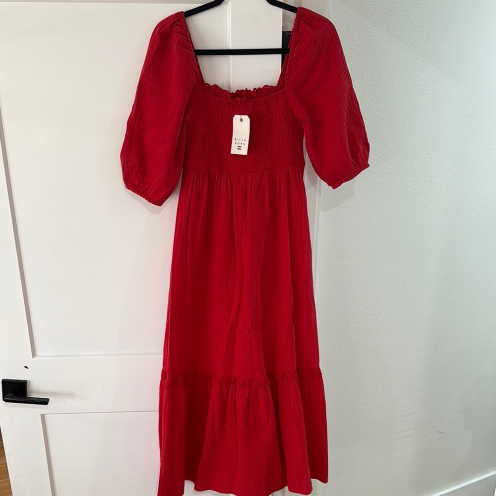 NWT billabong smocked gauze maxi dress with eyelet and puff sleeves
